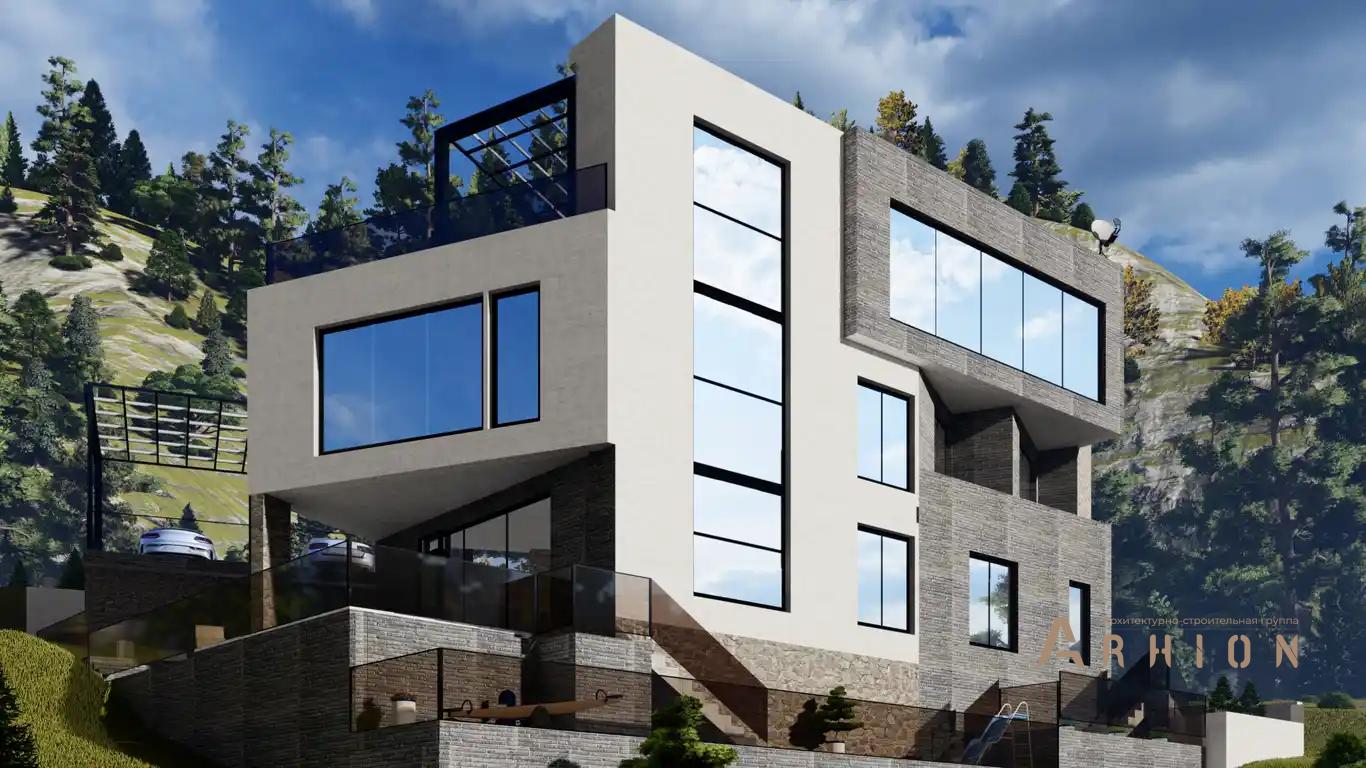 1. Проект трехэтажного дома в стиле хай-тек с плоской кровлей , h-1626, площадью - 426 кв c терассой, балконом, гаражом, вторым светом